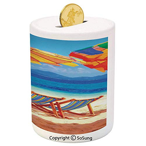 SoSung Seaside Decor Ceramic Piggy Bank,Deck Chairs Overlooking Tropical Sea of Thailand Beach Exotic Holiday Picture 3D Printed Ceramic Coin Bank Money Box for Kids  and  Adults,Orange Blue