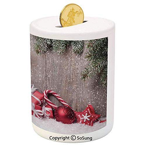 SoSung Christmas Ceramic Piggy Bank,Xmas Background with Gift Boxes on Wooden Board Countryside Celebration Image 3D Printed Ceramic Coin Bank Money Box for Kids and Adults,Brown Red SoSung Christmas Ceramic Piggy Bank,Xmas Background with Gift Boxes on Wooden Board Countryside Celebration Image 3D Printed Ceramic Coin Bank Money Box for Kids and Adults,Brown Red