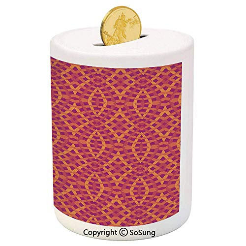 SoSung Geometric Ceramic Piggy Bank,Modern Art with Ethnic Elements Harmony of Past and Future Theme 3D Printed Ceramic Coin Bank Money Box for Kids  and  Adults,Orange Marigold Purple
