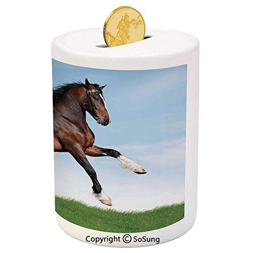 SoSung Animal Decor Ceramic Piggy Bank,Bay Horse Pacing on The Grass Energetic Noble Character of The Nature Honor Concept 3D Printed Ceramic Coin Bank Money Box for Kids  and  Adults,Blue Green Brown