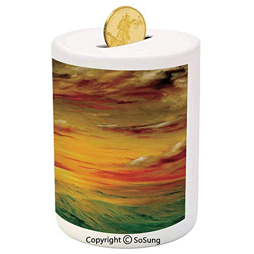 Landscape Ceramic Piggy Bank,Mystical View Sunset Off The Coast of California Slightly Wavy Sea View 3D Printed Ceramic Coin Bank Money Box for Kids and Adults,Green Orange Sepia Landscape Ceramic Piggy Bank,Mystical View Sunset Off The Coast of California Slightly Wavy Sea View 3D Printed Ceramic Coin Bank Money Box for Kids and Adults,Green Orange Sepia
