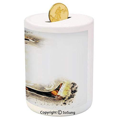 Letter L Ceramic Piggy Bank,Fire Letter Capital L Alphabet Blazing Symbol Scorched Background Conceptual 3D Printed Ceramic Coin Bank Money Box for Kids  and  Adults,Tan Black Orange