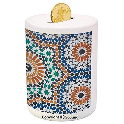 Moroccan Ceramic Piggy Bank,Traditional Moroccan Mosaic Style Art Moon and Star at The Center Ottoman Motifs 3D Printed Ceramic Coin Bank Money Box for Kids  and  Adults,Blue Orange