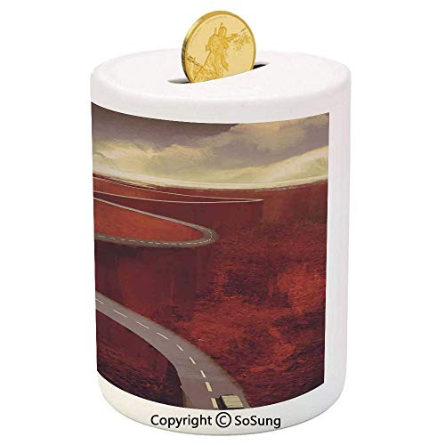 SoSung Fantasy Art House Decor Ceramic Piggy Bank,Scenic Road with Truck Extreme Winding Curve on Cliffs Theme 3D Printed Ceramic Coin Bank Money Box for Kids  and  Adults,Dark Orange Cream SoSung Fantasy Art House Decor Ceramic Piggy Bank,Scenic Road with Truck Extreme Winding Curve on Cliffs Theme 3D Printed Ceramic Coin Bank Money Box for Kids  and  Adults,Dark Orange Cream