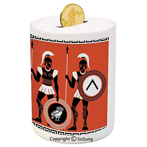 SoSung Toga Party Ceramic Piggy Bank,Artistic Historical Warrior Figures in Ancient Greece Military Theme 3D Printed Ceramic Coin Bank Money Box for Kids  and  Adults,Orange Black White
