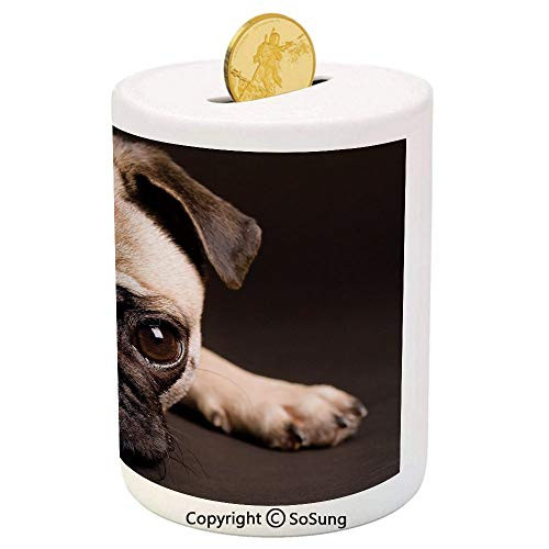SoSung Pug Ceramic Piggy Bank,Cute Photograph of a Pug with Its Little Paws Pure Bred Dog Image Animal Fun 3D Printed Ceramic Coin Bank Money Box for Kids  and  Adults,Brown Pale Brown