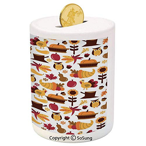 SoSung Harvest Ceramic Piggy Bank,Cute Cartoon Fall Composition Nuts Maple Leaves Owls Roosters Pumpkins 3D Printed Ceramic Coin Bank Money Box for Kids  and  Adults,Yellow Brown Red Orange