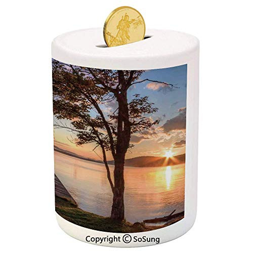 Seascape Ceramic Piggy Bank,Shore of Seventh Lake Tree Sunbeam at Sunset Water Reflection Tranquility 3D Printed Ceramic Coin Bank Money Box for Kids  and  Adults,Brown Peach Blue