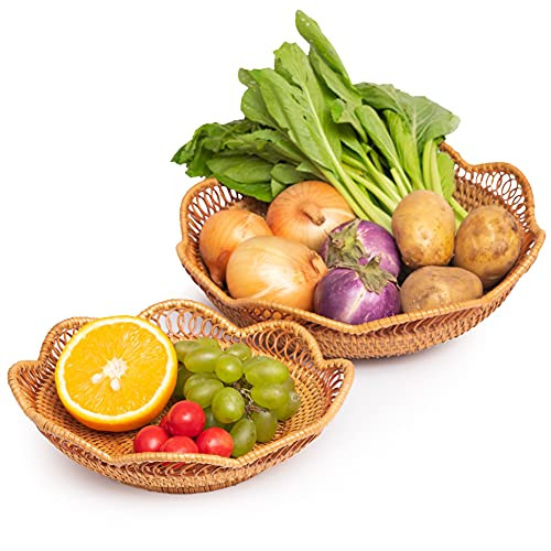 Fruit And Vegetable Storage Round Wicker Baskets Rattan For Serving Potatoes Onions Bread Decor Basket Stackable Set 2 Fruit Holder For Kitchen Countertop Organizing Bathroom Toys Craft -Honey Brown-