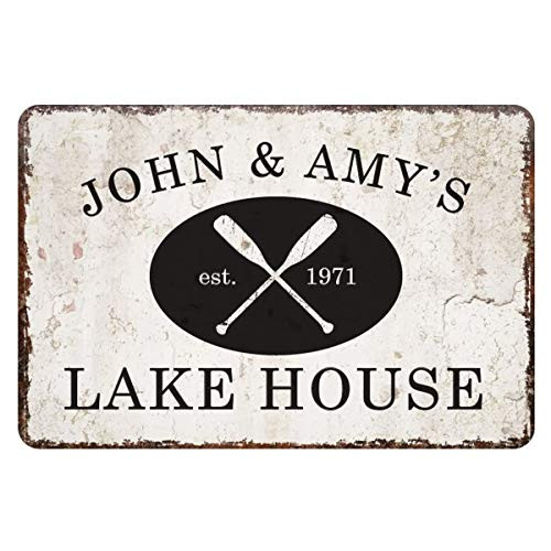 aianhe Personalized Lake House Sign Vintage Distressed Look Custom Metal and Wood Sign Plaque Decor