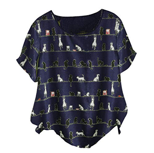 Meikosks Womens Plus Size Cotton and Linen Blouse Short Sleeve O-Neck Top Cat Print Tshirt Navy