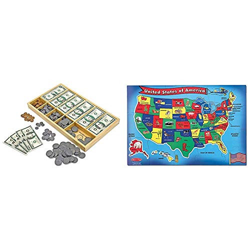 Melissa  and  Doug Play Money Set - Educational Toy with Paper Bills and Plastic Coins -50 of Each Denomination- and Wooden Cash Drawer for Storage  and  U.S.A. 51pc Floor Puzzle