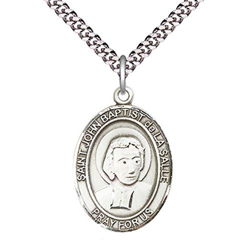 Pewter St. Saint John Baptist De La Salle Medal Pendant Necklace Comes With A 24 Inch Stainless Steel Curb Chain With A Prayer To St Anthony Prayer Card