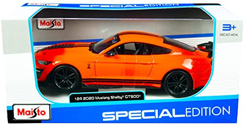 2020 Ford Mustang Shelby GT500 Bright Orange with Black Stripes 1/24 Diecast Model Car by Maisto 31532