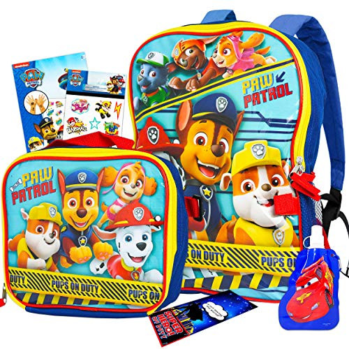 Paw Patrol Backpack and Lunch Box Bundle Set ~ 6 Pc Premium 16" Paw Patrol Backpack, Lunch Bag, Water Bottle, Stickers, Tattoos, and More -Paw Patrol School Supplies-