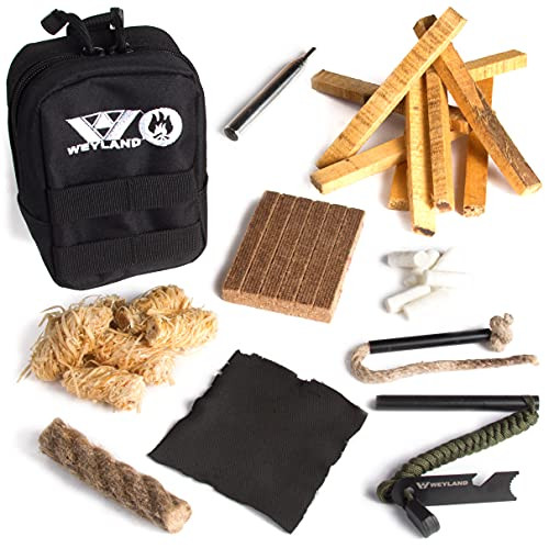 WEYLAND Fire Starter Kit - Waterproof Emergency Survival Fire Starting Kit, Magnesium Flint Fire Starter Ferro Rod, Fire Starter Rope Tinder Reuseable Match, Fat Rope Stick, Fatwood Sticks n MOLLE Bag