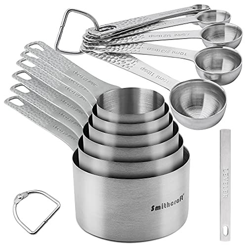 Measuring Cups and Measuring Spoons Set, Stainless Steel Measuring Cups and Spoons Set, 18/8-304-Steel Measuring Cups Spoons Set, Measure Cups and Measure Spoons-Siliver-6cups plus7spoons plus1Leveler plus2rings-