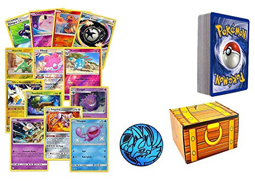 100 Assorted Pokemon Cards: 10 Foils, 5 Rare Cards, 1 Assorted Pokemon Coin, 85 Common/Uncommon Cards - All Cards are Authentic - Includes Golden Groundhog Storage Treasure Chest