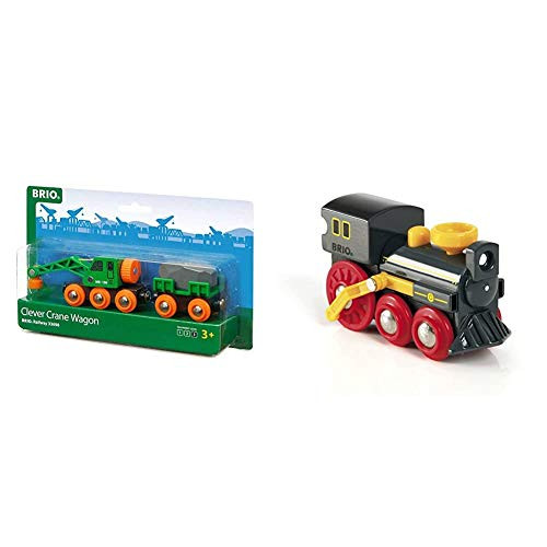 BRIO World - 33698 Clever Crane Wagon Set | 4 Piece Train Accessory and Crane Toy for Kids Ages 3 and Up,Red  and  World - 33617 Old Steam Engine | Train Toy for Kids Ages 3 and Up