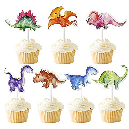 42 PCS Watercolor Dinosaur Cupcake Toppers Dinosaur Cake Toppers for Kids Birthday Party Baby Shower Dino Theme Party Cake Decorations Supplies
