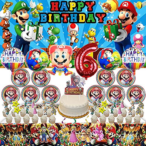 Super Mario 6th Party Supplies | Plates | Decorations | For Boys | Sixth | Six | Birthday | Banner | Backdrop | Balloons