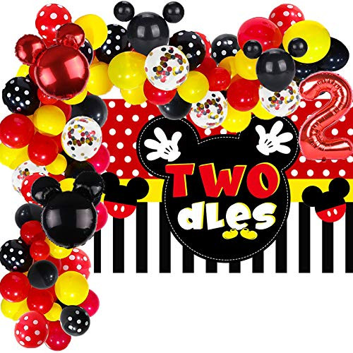98 Pcs Mickey 2nd Birthday Party Supplies 5x3 FT Mickey Oh Twodles Photography Backdrop Mickey Inspired Second Birthday Balloon Arch Garland Kit for Mouse 2th Birthday Party Decorations