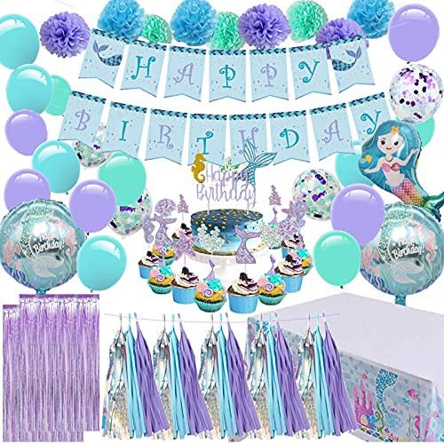 Mermaid Party Decorations - Mermaid Party Supplies for Girls, Contain Mermaid Banner, Foil Curtains, Tissue Pom Poms, Tissue Tassels, Mermaid Table Cloth, Cupcake Toppers, Latex Balloons, Mermaid Foil Balloons, Great for Girls Birthday Party