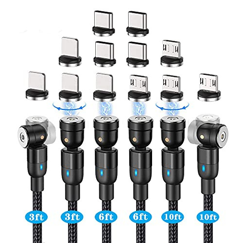 TOOG Magnetic Charging Cable,Magnetic Phone Charger -6 Pack,3.3ft/3.3ft/6.6ft/6.6ft/10ft/10ft- 540 Rotation Compatible with Micro USB,Type C -Black- TOOG Magnetic Charging Cable,Magnetic Phone Charger -6 Pack,3.3ft/3.3ft/6.6ft/6.6ft/10ft/10ft- 540 Rotation Compatible with Micro USB,Type C -Black-