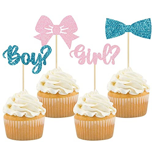 Gyufise 36Pcs Boy or Girl Cupcake Toppers Glitter Bow Tie Cupcake Picks Baby Shower Cake Topper Decorations for Kids Birthday Gender Reveal Party Cake Decorations Supplies