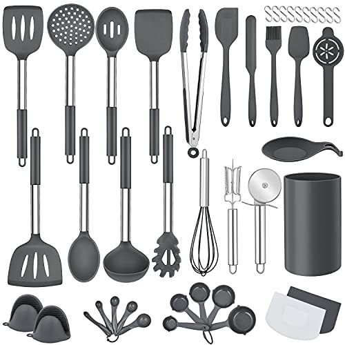 LIANYU 43 Pcs Kitchen Cooking Utensils Set, Silicone Cooking Utensils Spatula Set with Holder, Heat Resistant Kitchen Gadgets Tools for Nonstick Cookware Set, Stainless Steel Handle, Grey