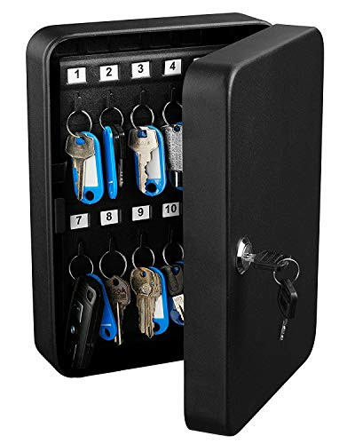 48 Key Cabinet Steel with 48 Key Tags, Security Lock Box with Key Lock and 2 Keys, Wall Mounted Black Key Safe