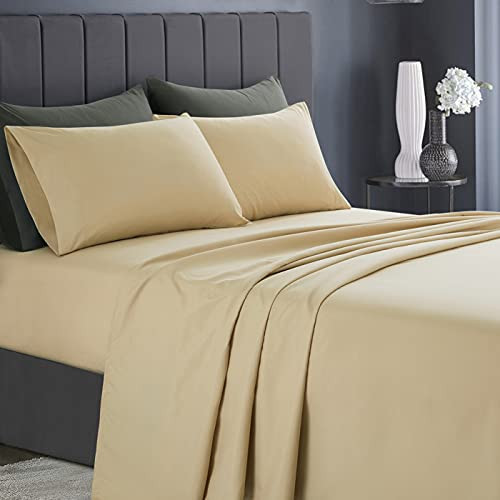 KKJIAF 4 Piece Bed Sheet Set, Microfiber Bed Sheet King Size, 1800 Thread Count Microfiber Soft  and  Breathable Bedding Sheet Sets, Deep Pocket Fitted Sheet, Flat Sheet and 2 Pillowcases - Khaki
