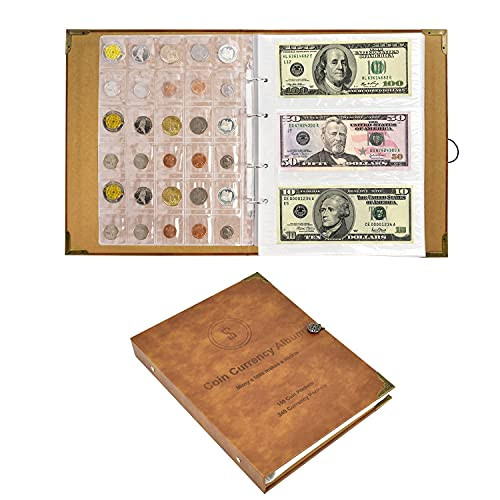 Coin Collecting Holder Album with 150 Coin Pockets and 240 Paper Currency Pockets, Large Storage Book for Collectors, PU Leather Coins Collection Holder Currency Storage Book