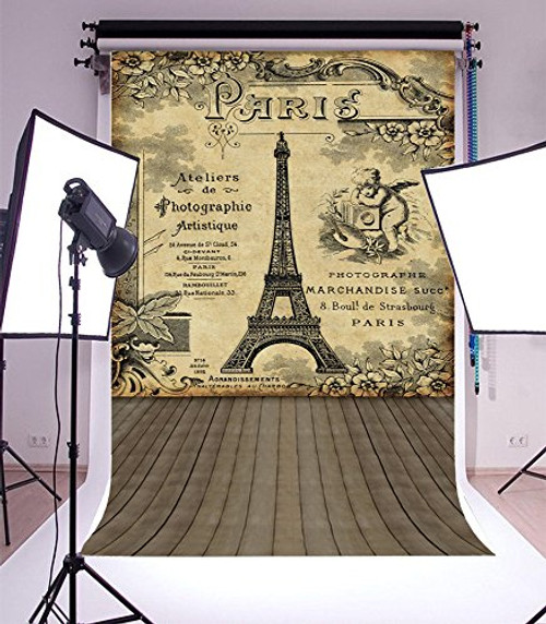 5X7FT Laeacco Vinyl Backdrop Vintage Photography Background Photographe Paris Eiffel Tower Flowers Pattern Edge Design Nostalgic Theme Wood Floor Scene Backdrop Photo Studio Props 1.5x2.2M