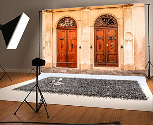 Laeacco 7x5ft European Old Church Front Door Scene Backdrop Vintage Arch Wood Door Shabby Concrete Wall Rustic Brick Floor Nature Photography Background Kids Adults Photo Studio Props