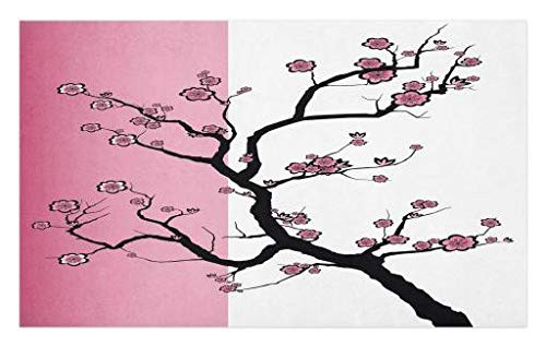Lunarable Japanese Doormat, Sakura Tree Japanese Cherry Blossom Drawing Design Contrasting Colors Print, Decorative Polyester Floor Mat with Non-Skid Backing, 30" X 18", Pink Black White