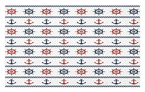 Lunarable Anchor Doormat, Anchor and Steering Wheel Horizontal Marine Pattern with Style Lines, Decorative Polyester Floor Mat with Non-Skid Backing, 30" X 18", Navy Blue Red White