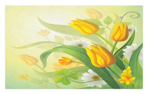 Lunarable Tulip Doormat, Tulips and Chamomiles Bouquet Against Wind Fresh Botanical Spring Field Picture, Decorative Polyester Floor Mat with Non-Skid Backing, 30" X 18", Green Yellow