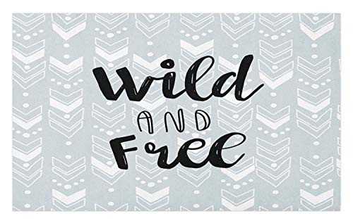 Ambesonne Lettering Doormat, Wild and Free Typography with a Greyscale Theme and Polka Dots, Decorative Polyester Floor Mat with Non-Skid Backing, 30" X 18", Pale Taupe Charcoal Grey