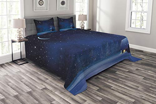 Lunarable Night Sky Bedspread, Christmas Themed Landscape Winter Snowy Forest with Palm Trees Image, Decorative Quilted 3 Piece Coverlet Set with 2 Pillow Shams, Queen Size, Blue White