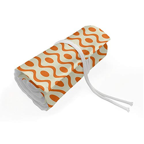 Ambesonne Retro Pencils Case Wrap Roll Holder, Continuous Orange Wavy Pattern with Elliptic Dots Curvy Symmetric Vintage Design, Durable  and  Portable Canvas Pencil Organizer, 72 Loops, Orange Cream