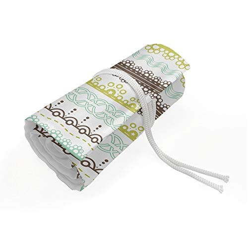 Ambesonne Green and Brown Pencils Case Wrap Roll Holder, Geometrical Half Circles Lines Curves Floral Design, Durable  and  Portable Canvas Pencil Organizer, 72 Loops, Yellow Green Mint Green
