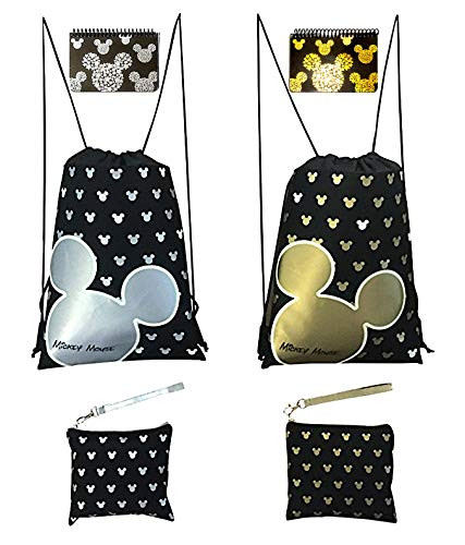 Emerald Disney Mickey Mouse Glow in The Dark Drawstring Backpack Plus Autograph Book with Purse - 2 Set of Silver  and  Gold -Star Head Autograph Book-
