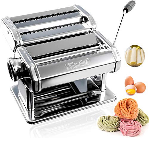 Shule Pasta Maker Stainless Steel Pasta Machine Includes Pasta Roller, Pasta Cutter, Hand Crank and Detailed Instructions -Original Silver-
