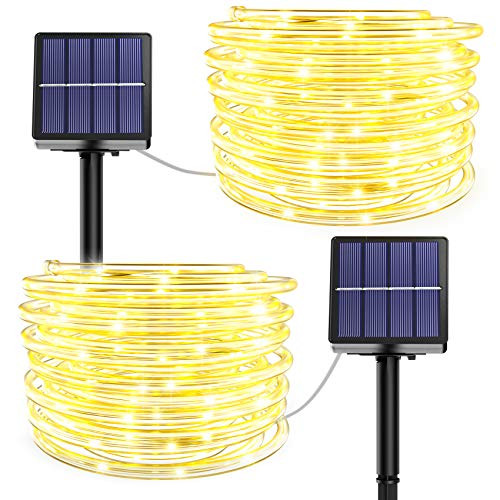 Rope Lights Outdoor Solar Powered - 2 Pack 100 LED 40FT 8 Modes Outdoor Solar Rope Lights Waterproof Copper Wire Fairy Lights for Christmas Garden Fence Yard Party Outdoor Decorations -Warm White-