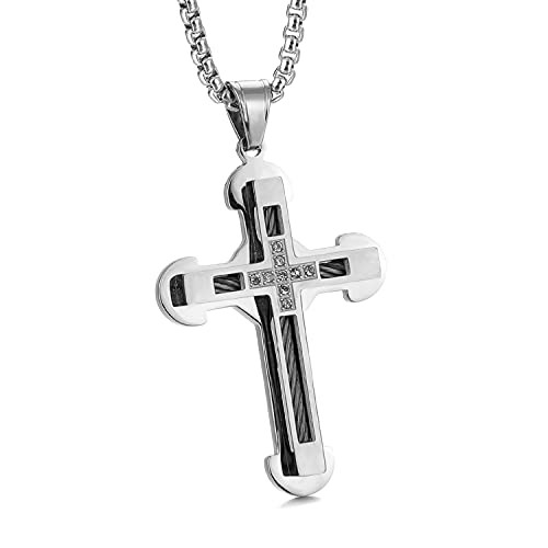 Starchenie Cross Necklace for Men Double Layer Stainless Steel Jesus Christ Pendant Rolo Chain Jewelry for Women-White