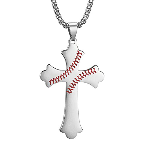 starchenie Stainless Steel Cross Necklace Sports Baseball Cross Pendant Jesus Christ Jewelry for Men with 24'' Rolo Chain-White