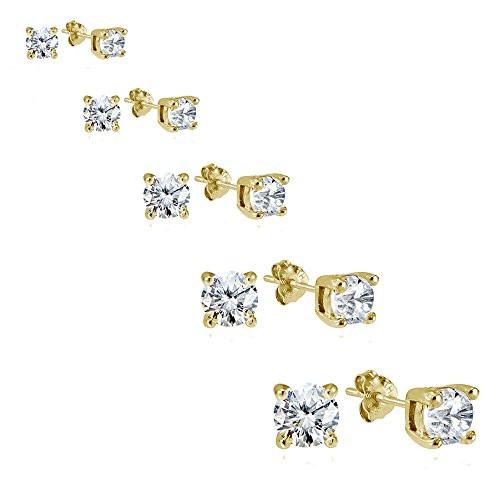 Yellow Gold Flashed Sterling Silver Cubic Zirconia Set of 5 Round Stud Earrings
