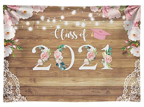 Funnytree 8x6ft Durable Fabric Floral Graduation Party Backdrop No Wrinkles Class of 2021 Flowers Wood Lace Photography Background Congrats Grad Wooden Floor Decor Photo Props Cake Table Banner