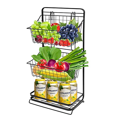 3 Tier Fruit Holder Basket, DSVENROLY Kitchen Basket Stand Countertop Mini Fruit Wire Market Basket Stand, Market Storage Basket for Fruit, Vegetable, Snacks, Potato, Kitchen Bathroom Pantry -Black-